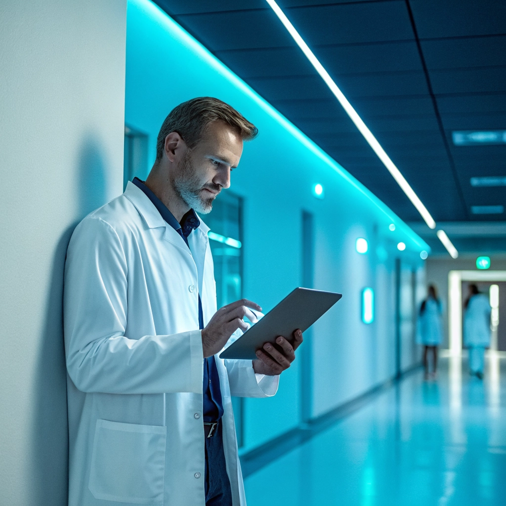 Healthcare professional reviewing a patient portal on a tablet