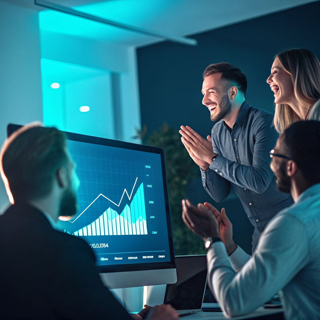 Marketing team celebrating a rising traffic graph after a launch