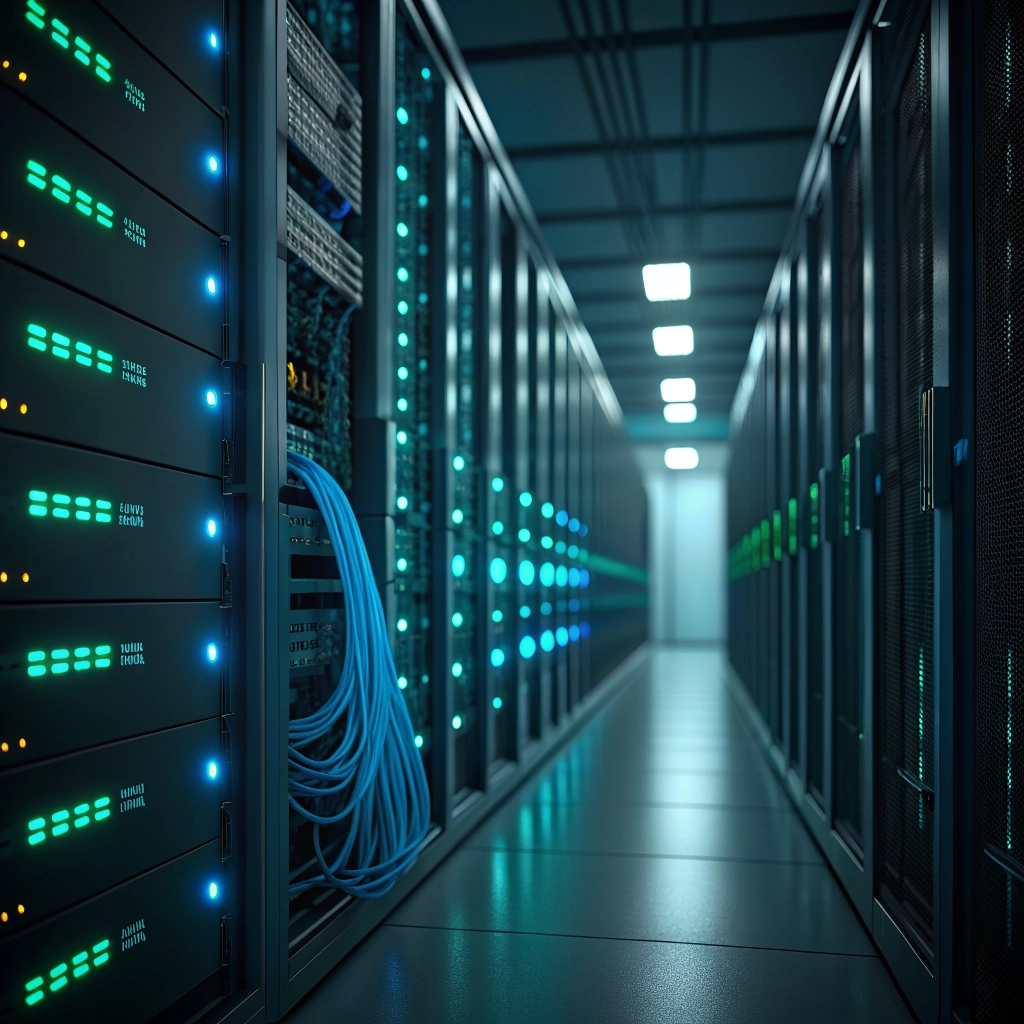 Database server racks lit with blue and green status lights
