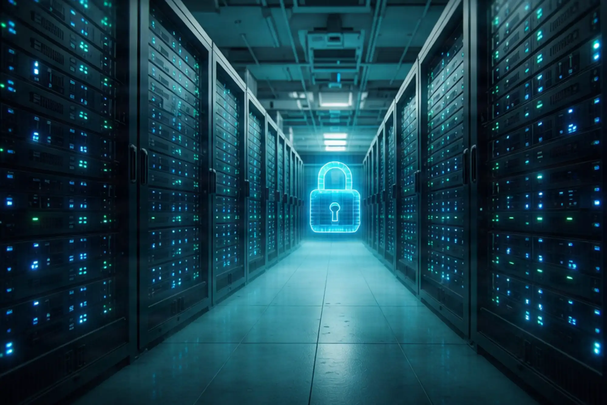 Glowing padlock hologram above a row of server racks in a colocation data center, representing cloud security