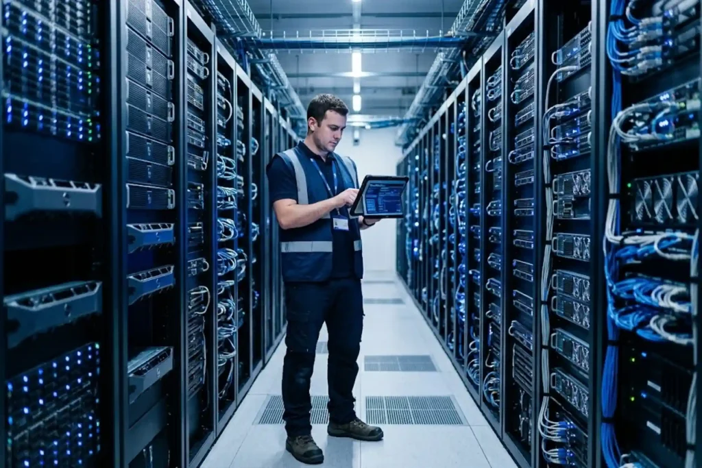 Network engineer checking a tablet in a modern data center aisle lined with server racks, representing IaaS and PaaS infrastructure