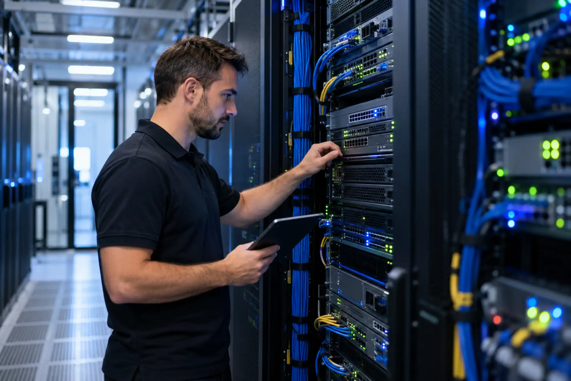 Network security engineer inspecting next generation firewall appliances in a data center rack