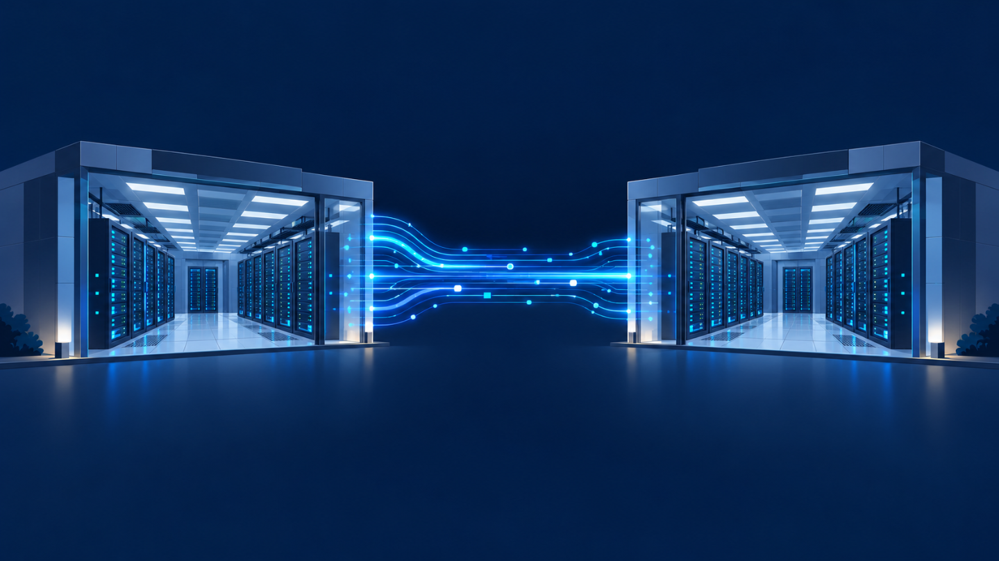 Disaster recovery replication between a primary data center and a backup data center linked by glowing data streams